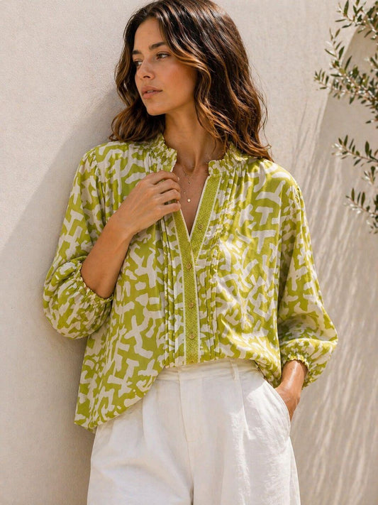 Chemise imprimé abstrait manches trois quarts bouffantes