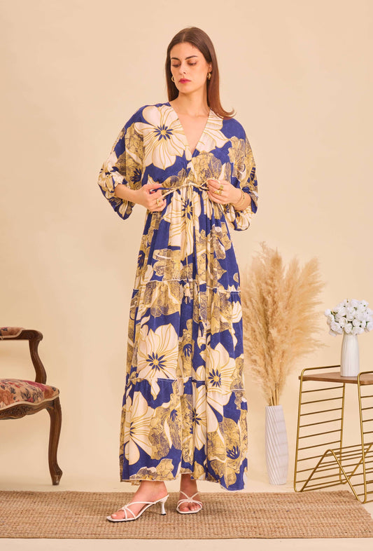 Robe longue en soie à motifs floral bleu- Orice Paris