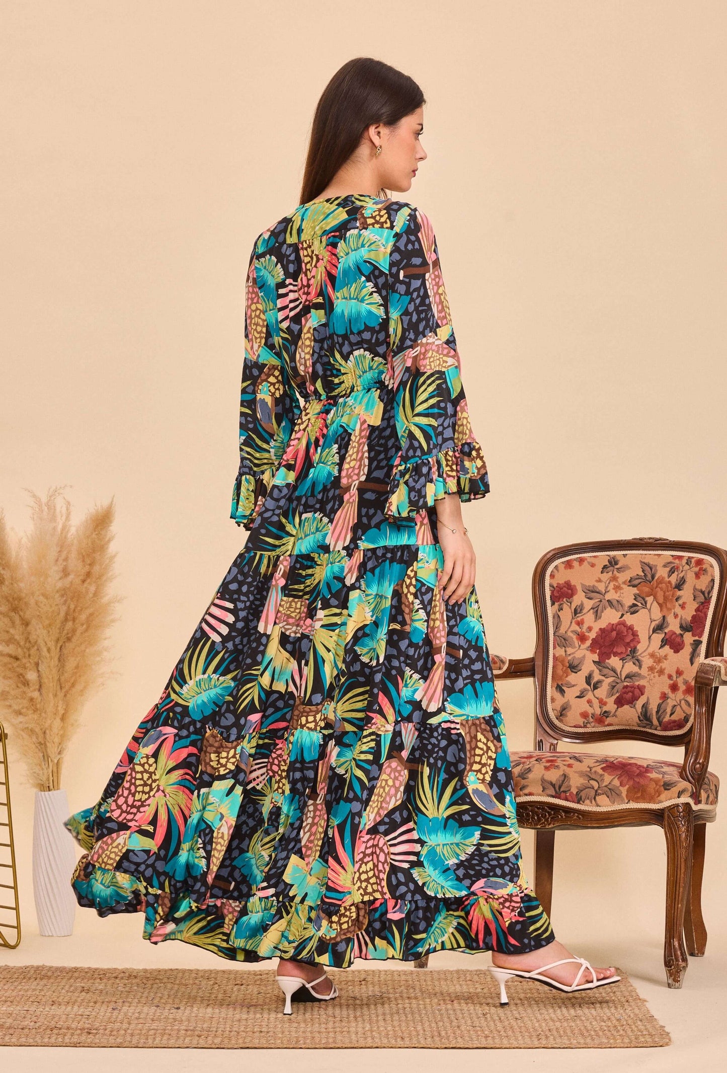 Longue robe en soie print tropical - Orice Paris
