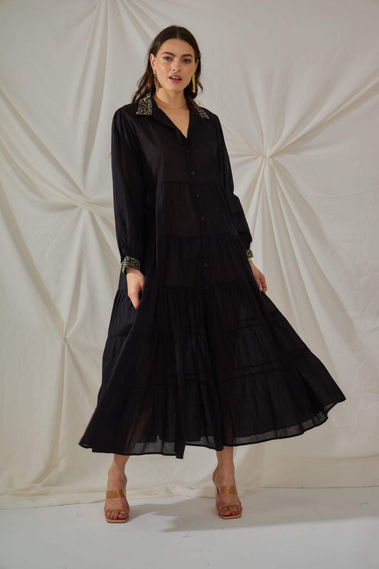 Maxi robe bohème noir manches longues - Coton