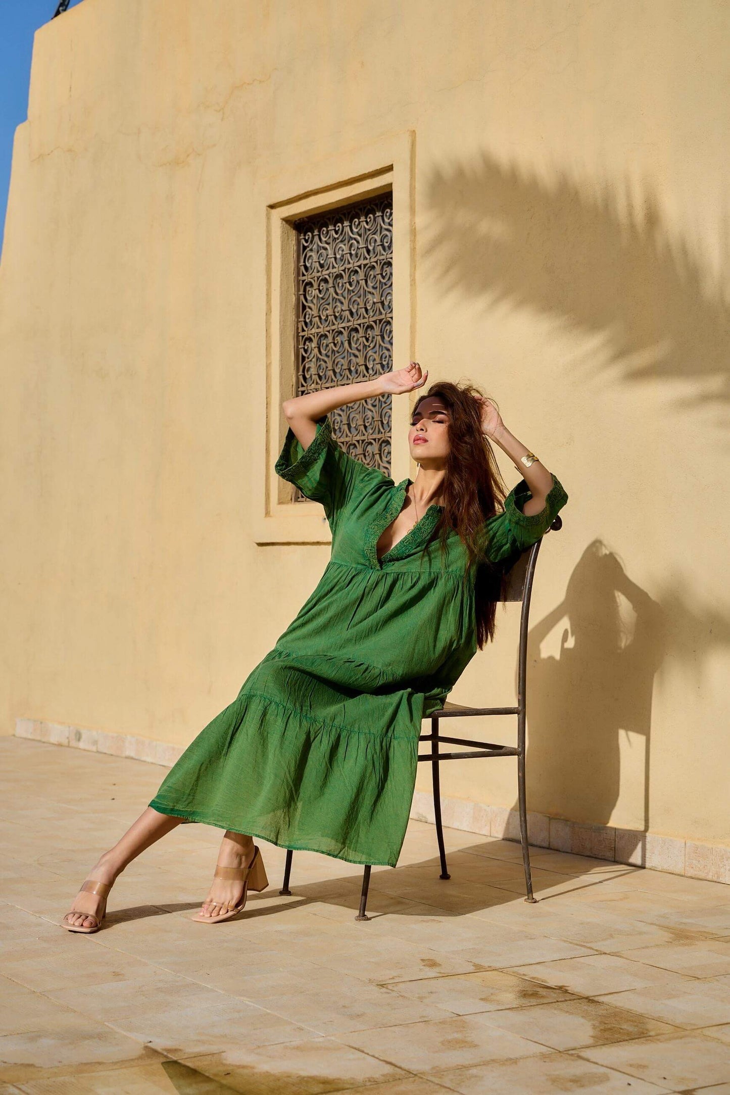 Robe longue vert d'été style bohème en coton - Orice Paris