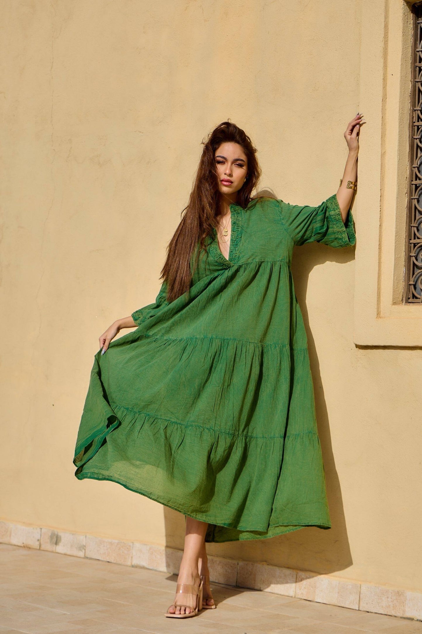 Robe longue vert d'été style bohème en coton - Orice Paris