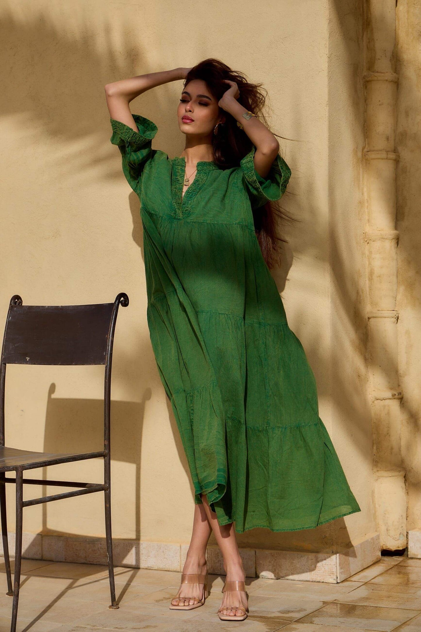Robe longue vert d'été style bohème en coton - Orice Paris