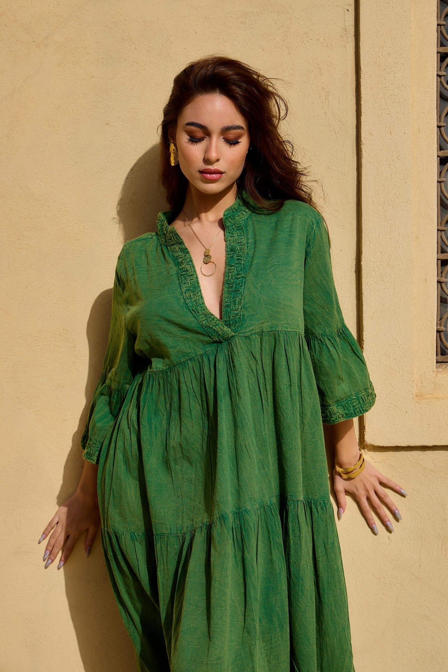 Robe longue vert d'été style bohème en coton - Orice Paris