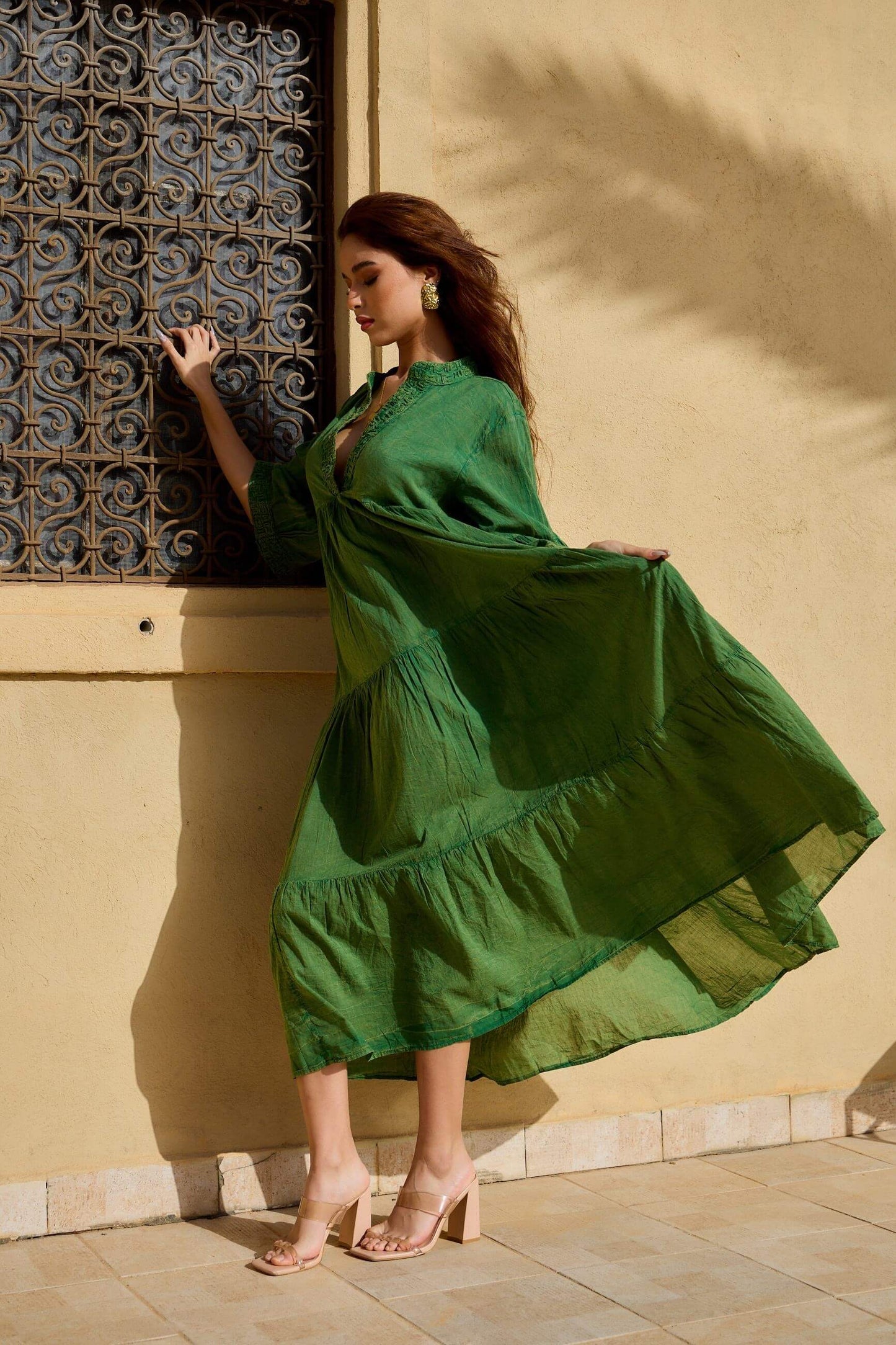 Robe longue vert d'été style bohème en coton - Orice Paris