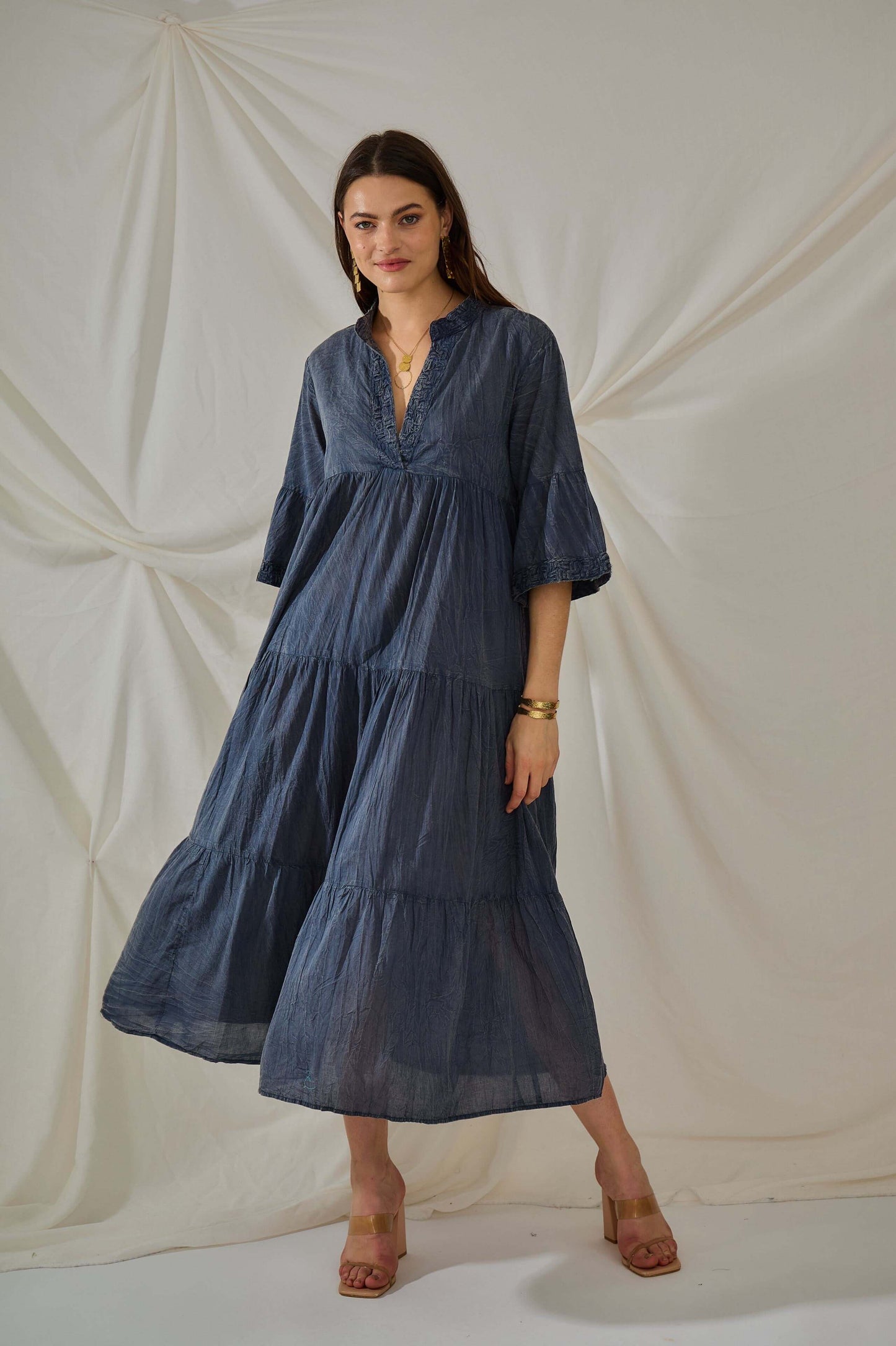 Robe longue grise casual en coton uni bohème